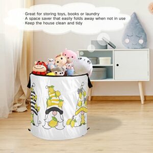 Oyihfvs Seamless Pattern with Yellow Gnomes, Yellow Lemons on White Folding Pop Up Laundry Hamper, Portable Basket with Handles Zipper Storage Organizer for Bedroom Bathroom College Dorm Travel