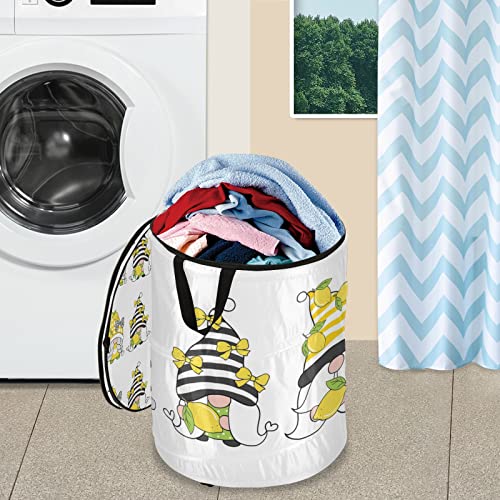 Oyihfvs Seamless Pattern with Yellow Gnomes, Yellow Lemons on White Folding Pop Up Laundry Hamper, Portable Basket with Handles Zipper Storage Organizer for Bedroom Bathroom College Dorm Travel