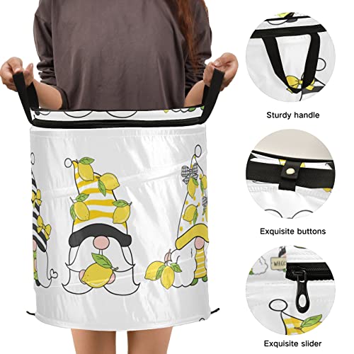 Oyihfvs Seamless Pattern with Yellow Gnomes, Yellow Lemons on White Folding Pop Up Laundry Hamper, Portable Basket with Handles Zipper Storage Organizer for Bedroom Bathroom College Dorm Travel