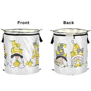 Oyihfvs Seamless Pattern with Yellow Gnomes, Yellow Lemons on White Folding Pop Up Laundry Hamper, Portable Basket with Handles Zipper Storage Organizer for Bedroom Bathroom College Dorm Travel