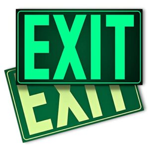 glow in the dark photoluminescent exit sign green - adhesive backing – uv inks on tear-resistant pvc - non electrical - scratch resistant -12 x 7 inches for 50 feet visibility (2 pack)