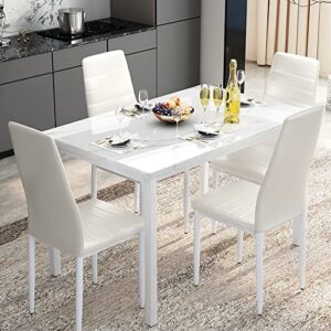lamerge dining table set for 4, marble kitchen table and chairs for 4, comfortable pu leather chairs,dining roomtable set for small space,living room, breakfast nook,white+white