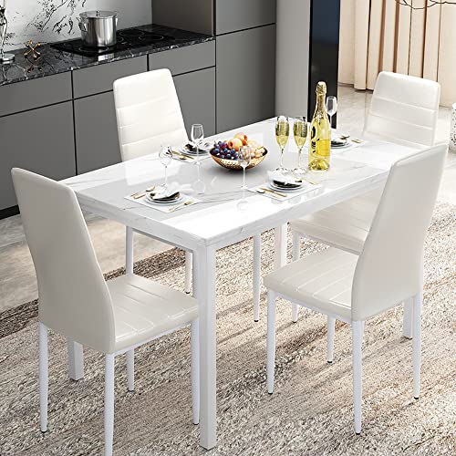 Lamerge Dining Table Set for 4, Marble Kitchen Table and Chairs for 4, Comfortable PU Leather Chairs,Dining RoomTable Set for Small Space,Living Room, Breakfast Nook,White+White