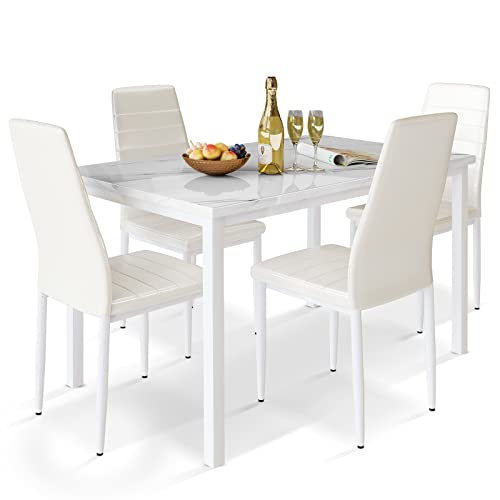 Lamerge Dining Table Set for 4, Marble Kitchen Table and Chairs for 4, Comfortable PU Leather Chairs,Dining RoomTable Set for Small Space,Living Room, Breakfast Nook,White+White