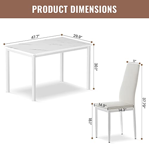 Lamerge Dining Table Set for 4, Marble Kitchen Table and Chairs for 4, Comfortable PU Leather Chairs,Dining RoomTable Set for Small Space,Living Room, Breakfast Nook,White+White