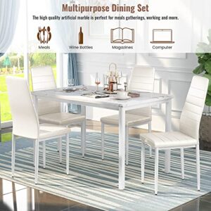 Lamerge Dining Table Set for 4, Marble Kitchen Table and Chairs for 4, Comfortable PU Leather Chairs,Dining RoomTable Set for Small Space,Living Room, Breakfast Nook,White+White