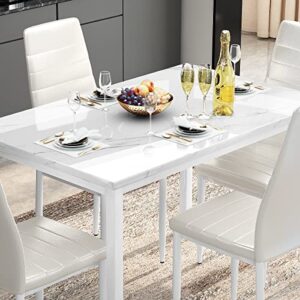 Lamerge Dining Table Set for 4, Marble Kitchen Table and Chairs for 4, Comfortable PU Leather Chairs,Dining RoomTable Set for Small Space,Living Room, Breakfast Nook,White+White