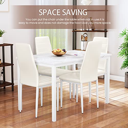 Lamerge Dining Table Set for 4, Marble Kitchen Table and Chairs for 4, Comfortable PU Leather Chairs,Dining RoomTable Set for Small Space,Living Room, Breakfast Nook,White+White