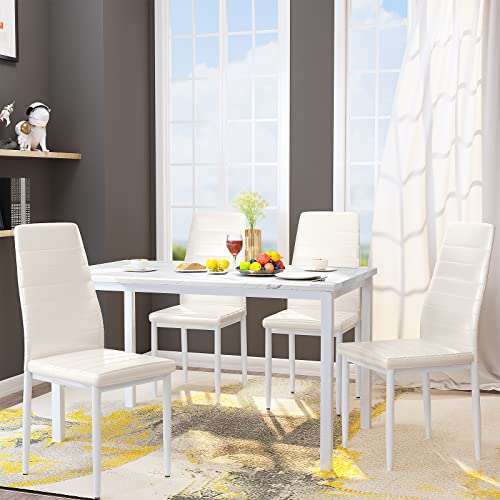 Lamerge Dining Table Set for 4, Marble Kitchen Table and Chairs for 4, Comfortable PU Leather Chairs,Dining RoomTable Set for Small Space,Living Room, Breakfast Nook,White+White