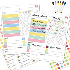 magnetic chore chart 2 pcs dry erase behavior chart, 6 markers/52 static tasks/140 color stars, reward chart for multiple kids, responsibility chart for refrigerator chore board for teenagers toddlers