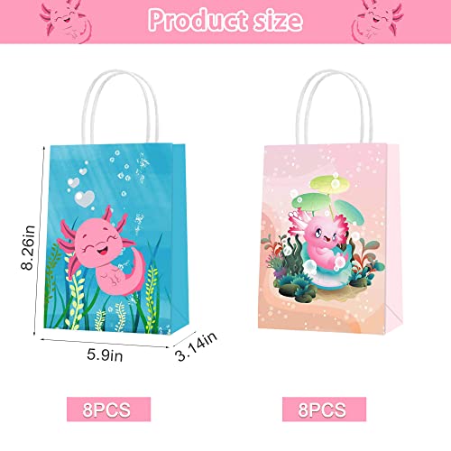 16 Pcs Axolotl Party Paper Gift Bags, 2 Styles Party Favor Bags with Handles for Cute Axolotl Fans Birthday Party Decorations, Goody Bags Candy Gift Bags