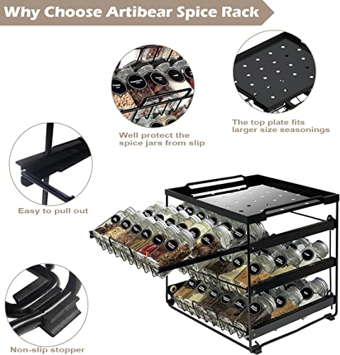 Artibear Upgraded Pull Out Spice Rack Organizer for Cabinet Storage Upto 54 Jars, 3-Tier Seasoning Shelf Holder for Kitchen Pantry Countertop, Matte Black (Bottles Not Included)