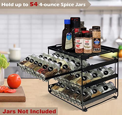 Artibear Upgraded Pull Out Spice Rack Organizer for Cabinet Storage Upto 54 Jars, 3-Tier Seasoning Shelf Holder for Kitchen Pantry Countertop, Matte Black (Bottles Not Included)