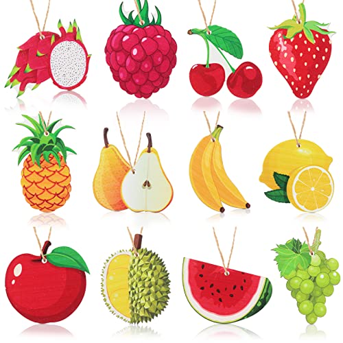 36 Pcs Tutti Frutti Wooden Hanging Ornaments Tropical Fruit Hanging Decor Summer Party Supplies Hawaiian Party Decorations Strawberry Pineapple Cherry Watermelon Lemon for Birthday Luau Beach