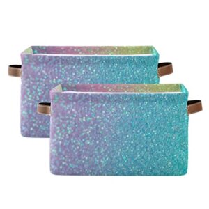 Iridescent Rainbow Glitter Storage Baskets Large Foldable Storage Bin Canvas Toys Box Fabric Decorative Collapsible Organizer Bag with Handles 2 Pcs