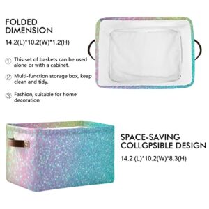 Iridescent Rainbow Glitter Storage Baskets Large Foldable Storage Bin Canvas Toys Box Fabric Decorative Collapsible Organizer Bag with Handles 2 Pcs