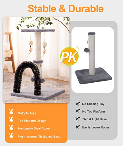 OYSMY Cat Scratching Post with Self Groomer and Top Platform - Durable Sisal Cat Scratcher Stable Cat Scratch Post with Dangling Balls, Verstile Cat Scratching Poles for Indoor Cats (Grey)