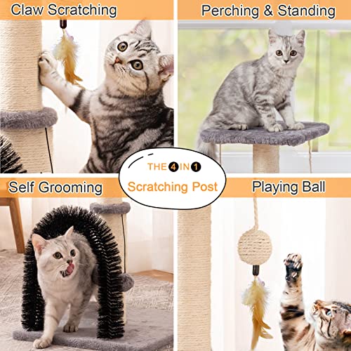 OYSMY Cat Scratching Post with Self Groomer and Top Platform - Durable Sisal Cat Scratcher Stable Cat Scratch Post with Dangling Balls, Verstile Cat Scratching Poles for Indoor Cats (Grey)