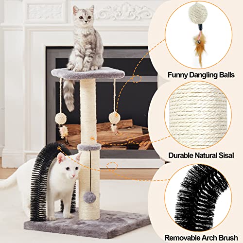 OYSMY Cat Scratching Post with Self Groomer and Top Platform - Durable Sisal Cat Scratcher Stable Cat Scratch Post with Dangling Balls, Verstile Cat Scratching Poles for Indoor Cats (Grey)