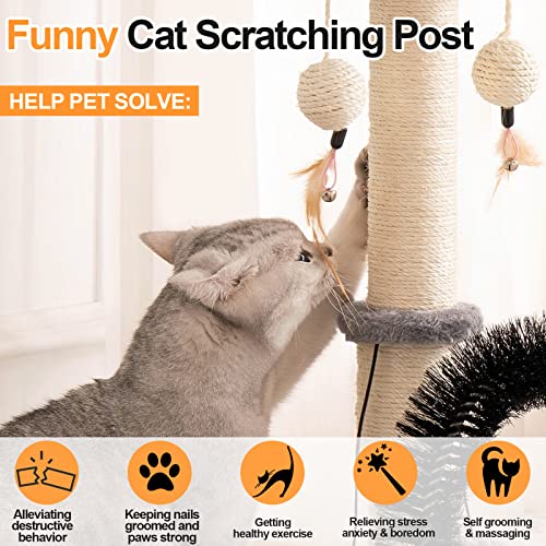 OYSMY Cat Scratching Post with Self Groomer and Top Platform - Durable Sisal Cat Scratcher Stable Cat Scratch Post with Dangling Balls, Verstile Cat Scratching Poles for Indoor Cats (Grey)