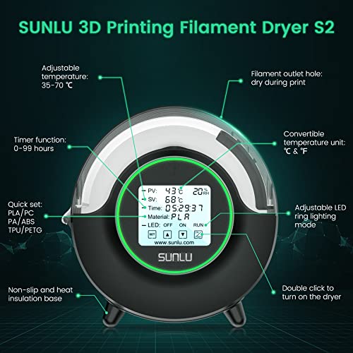 SUNLU Filament Dryer with Fan, Upgraded Fast Heating 3D Printer Filament Dryer Box, Keep Filament Dry During 3D Printing, PLA PETG ABS TPU Nylon ASA Filament Dehydrator Storage Box, FilaDryer S2 Black