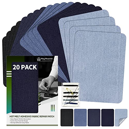 KING MOUNTAIN Iron-on Repair Patch 20 Pcs Pack,Denim Patches for Jeans Kit 3" by 4-1/4", 100% Cotton Denim Iron-on Repair Patch,Jeans and Clothing Repair and Decoration Kit (Five Color)