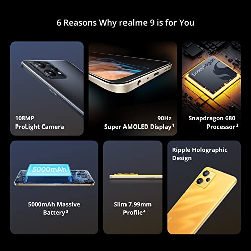 realme 9 (4G) Dual SIM 128GB ROM + 6GB RAM (GSM only | No CDMA) Factory Unlocked 4G/LTE Smartphone (Sunburst Gold) - International Version