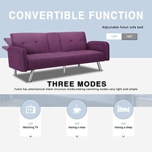 DKLGG Futon Sofa Bed Convertible Sofa Couch, Modern Loveseat Sleeper Futon Couch with 2 Cup Holders, Convertible Folding Sofa Bed Small Couch for Living Room, Bedroom, Apartment or Dorm(Purple)