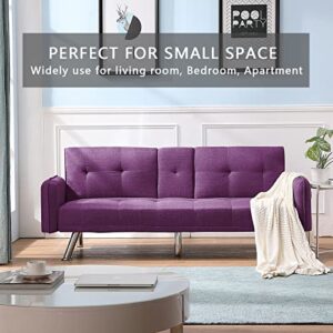 DKLGG Futon Sofa Bed Convertible Sofa Couch, Modern Loveseat Sleeper Futon Couch with 2 Cup Holders, Convertible Folding Sofa Bed Small Couch for Living Room, Bedroom, Apartment or Dorm(Purple)