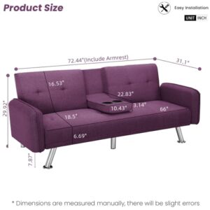 DKLGG Futon Sofa Bed Convertible Sofa Couch, Modern Loveseat Sleeper Futon Couch with 2 Cup Holders, Convertible Folding Sofa Bed Small Couch for Living Room, Bedroom, Apartment or Dorm(Purple)