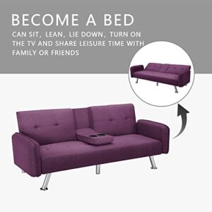 DKLGG Futon Sofa Bed Convertible Sofa Couch, Modern Loveseat Sleeper Futon Couch with 2 Cup Holders, Convertible Folding Sofa Bed Small Couch for Living Room, Bedroom, Apartment or Dorm(Purple)