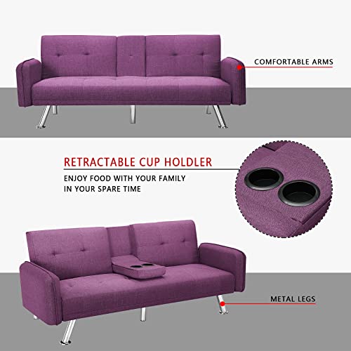 DKLGG Futon Sofa Bed Convertible Sofa Couch, Modern Loveseat Sleeper Futon Couch with 2 Cup Holders, Convertible Folding Sofa Bed Small Couch for Living Room, Bedroom, Apartment or Dorm(Purple)