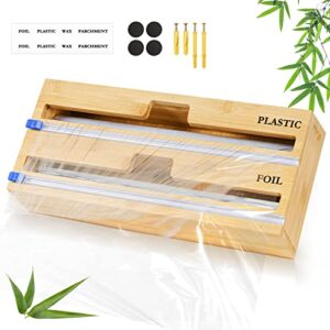 2 in 1 wrap dispenser with cutter and labels, aluminum foil and plastic wrap organizer for kitchen drawer, bamboo roll storage organizer holder for cling film and tin foil wax paper, fits 12" roll