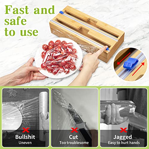 2 in 1 Wrap Dispenser with Cutter and Labels, Aluminum Foil and Plastic Wrap Organizer for Kitchen Drawer, Bamboo Roll Storage Organizer Holder for Cling Film and Tin Foil Wax Paper, Fits 12" Roll