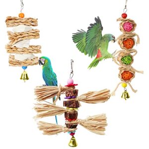 Bird Chewing Toys - Wicker Ball Natural Cuttlebone Woven Grass Bird Beak Grinding Chew Shredder Toy with Bell, Texsens Bird Backpack Cage Hanging Toy for Parrot Parakeet Cockatiel Conure African Grey