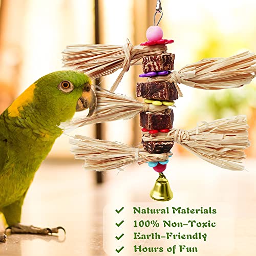 Bird Chewing Toys - Wicker Ball Natural Cuttlebone Woven Grass Bird Beak Grinding Chew Shredder Toy with Bell, Texsens Bird Backpack Cage Hanging Toy for Parrot Parakeet Cockatiel Conure African Grey