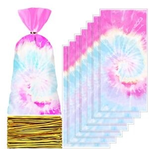 100 pcs tie dye party favor bags heat sealable cellophane bags macaron color goodie bags plastic gift bags tie dye candy bags with 150 gold twist ties for tie dye theme birthday party supplies