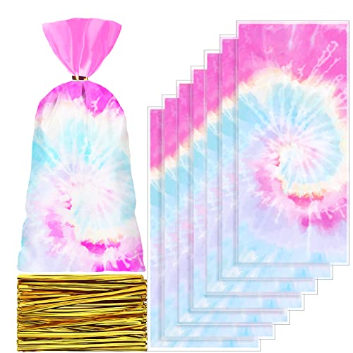 100 Pcs Tie Dye Party Favor Bags Heat Sealable Cellophane Bags Macaron Color Goodie Bags Plastic Gift Bags Tie Dye Candy Bags with 150 Gold Twist Ties for Tie Dye Theme Birthday Party Supplies