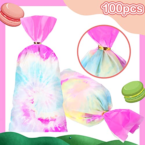 100 Pcs Tie Dye Party Favor Bags Heat Sealable Cellophane Bags Macaron Color Goodie Bags Plastic Gift Bags Tie Dye Candy Bags with 150 Gold Twist Ties for Tie Dye Theme Birthday Party Supplies
