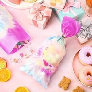 100 Pcs Tie Dye Party Favor Bags Heat Sealable Cellophane Bags Macaron Color Goodie Bags Plastic Gift Bags Tie Dye Candy Bags with 150 Gold Twist Ties for Tie Dye Theme Birthday Party Supplies