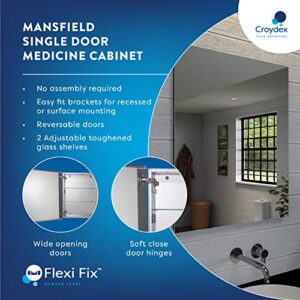 Croydex Mansfield Single Door, Recessed or Surface Mount, Hang 'n' Lock Easy Installation Medicine Cabinet, 24" W x 30" H, Aluminium