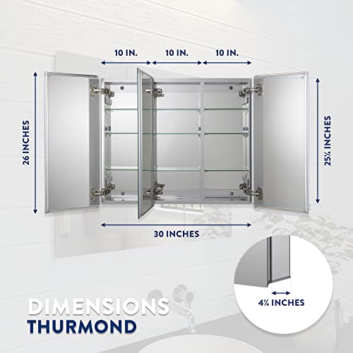 Croydex Thurmond Tri-View, Recessed or Surface Mount Medicine Cabinet, 30W x 26H, Aluminum