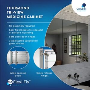 Croydex Thurmond Tri-View, Recessed or Surface Mount Medicine Cabinet, 30W x 26H, Aluminum