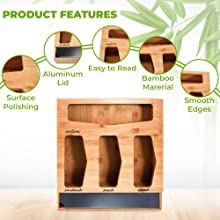 JMJ Ziplock Storage Bag Organizer for Kitchen Drawer, Pantry, Countertop. Bamboo Dispenser Fits Gallon, Sandwich, Quart, Snack. Fits 12" Foil or Plastic Wrap Roll