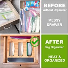 JMJ Ziplock Storage Bag Organizer for Kitchen Drawer, Pantry, Countertop. Bamboo Dispenser Fits Gallon, Sandwich, Quart, Snack. Fits 12" Foil or Plastic Wrap Roll