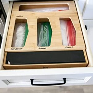 JMJ Ziplock Storage Bag Organizer for Kitchen Drawer, Pantry, Countertop. Bamboo Dispenser Fits Gallon, Sandwich, Quart, Snack. Fits 12" Foil or Plastic Wrap Roll