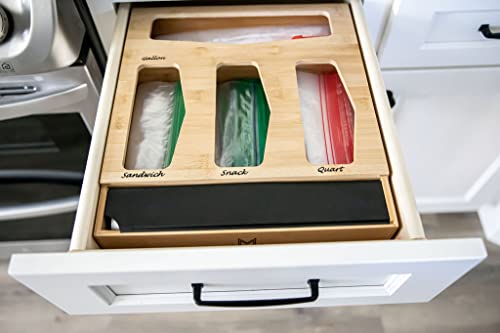 JMJ Ziplock Storage Bag Organizer for Kitchen Drawer, Pantry, Countertop. Bamboo Dispenser Fits Gallon, Sandwich, Quart, Snack. Fits 12" Foil or Plastic Wrap Roll