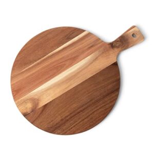 premium acacia cutting board with handle - wooden chopping board for kitchen (12"x16") round acacia paddle cutting boards for meat, bread, serving board, cheese, vegetables & fruits.
