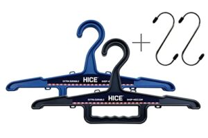 hice heavy duty hanger | bundle of 2 | clothes hangers with s-hooks | 150 lb load capacity | durable high impact resin | body armor, survival equipment, coats, pants or belts (black and navy blue)
