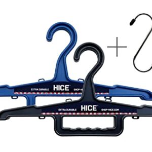 HICE Heavy Duty Hanger | Bundle of 2 | Clothes Hangers with s-Hooks | 150 lb Load Capacity | Durable High Impact Resin | Body Armor, Survival Equipment, Coats, Pants or Belts (Black and Navy Blue)